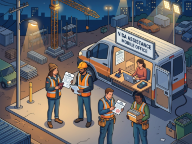 Mobile visa assistance office van with workers holding visa application and approval documents at a construction site at night