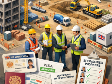 Workers at construction site with UK work visa documents and sponsorship certificates